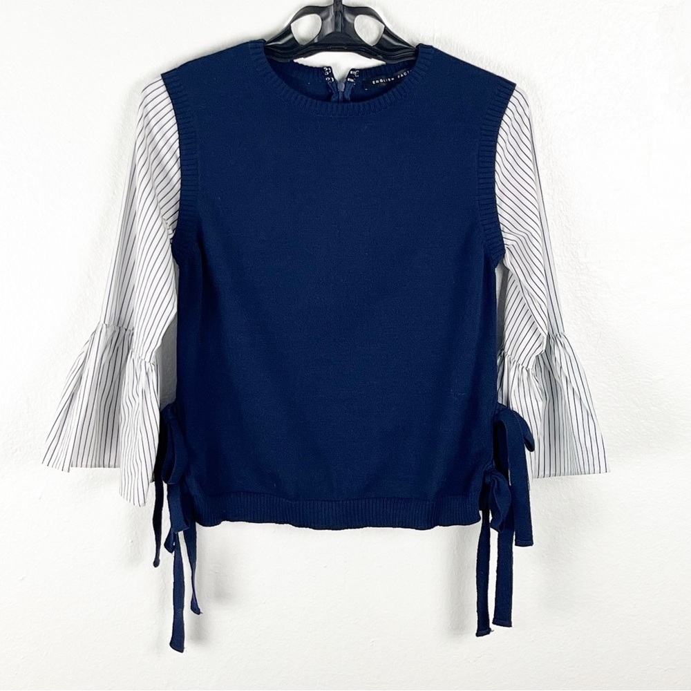ENGLISH FACTORY Navy White Striped Bell Sleeves Side Tie Top Size Small Preppy